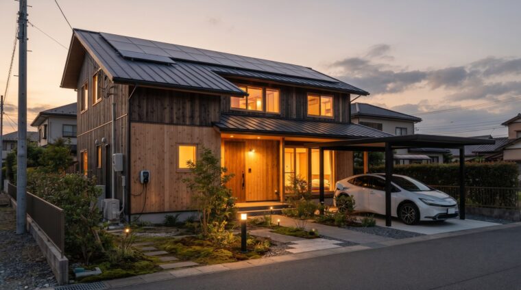 戸建住宅の電気設備イメージ・外観（太陽光とEV充電／AI生成イメージ）