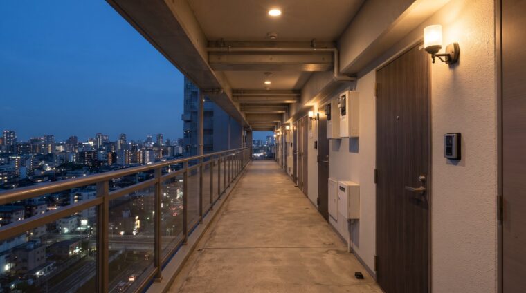 マンションの電気設備イメージ・共用外廊下（AI生成イメージ）