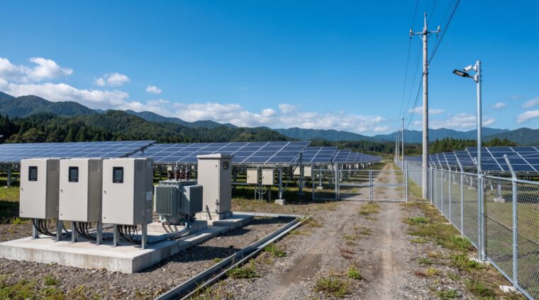太陽光発電所の電気設備イメージ・パワコンと変圧器（AI生成イメージ）