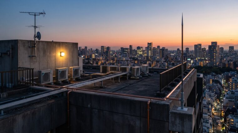 マンションの電気設備イメージ・屋上（避雷設備／AI生成イメージ）