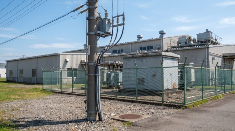 工場の電気設備イメージ・高圧引込柱とキュービクル（AI生成イメージ）