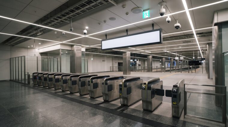 駅の電気設備イメージ・改札コンコース（AI生成イメージ）