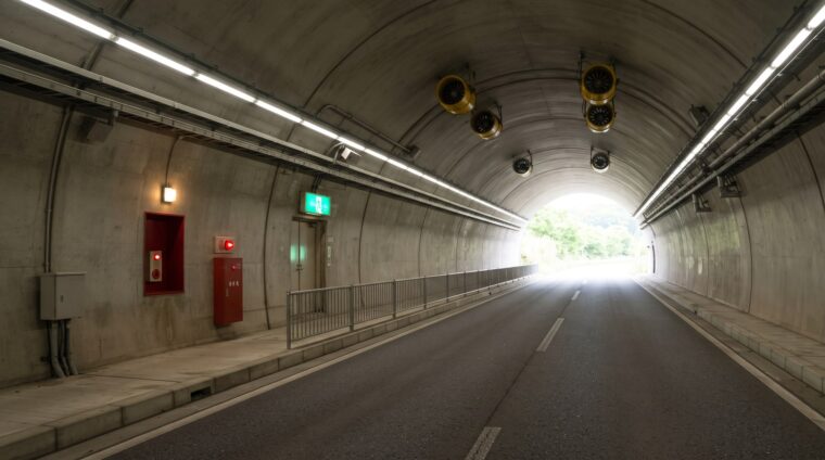 道路トンネルの電気設備イメージ・トンネル照明（AI生成イメージ）
