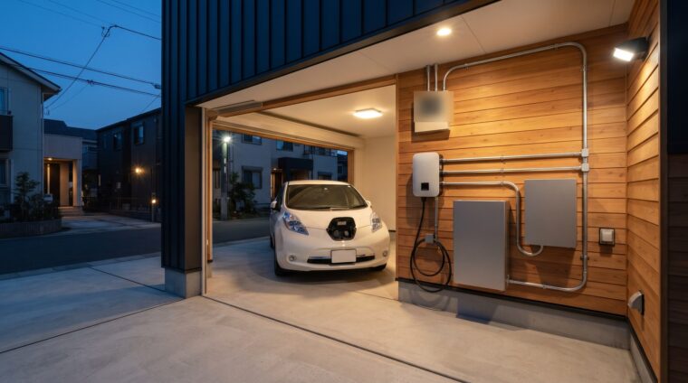 戸建住宅の電気設備イメージ・ガレージ（V2H・蓄電池）（AI生成イメージ）