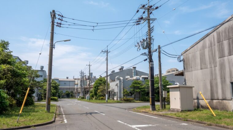工場の電気設備イメージ・構内配電線（AI生成イメージ）