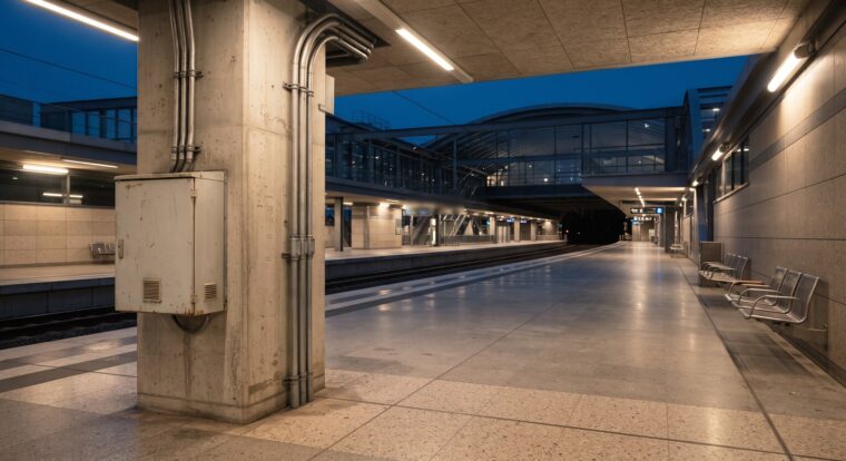 駅の電気設備イメージ・プラットホーム（AI生成イメージ）