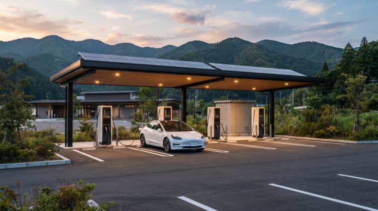 高速道路サービスエリアの電気設備イメージ・EV急速充電スペース（AI生成イメージ）
