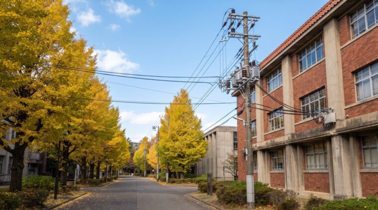 大学キャンパスの電気設備イメージ・構内の架空配電線（AI生成イメージ）