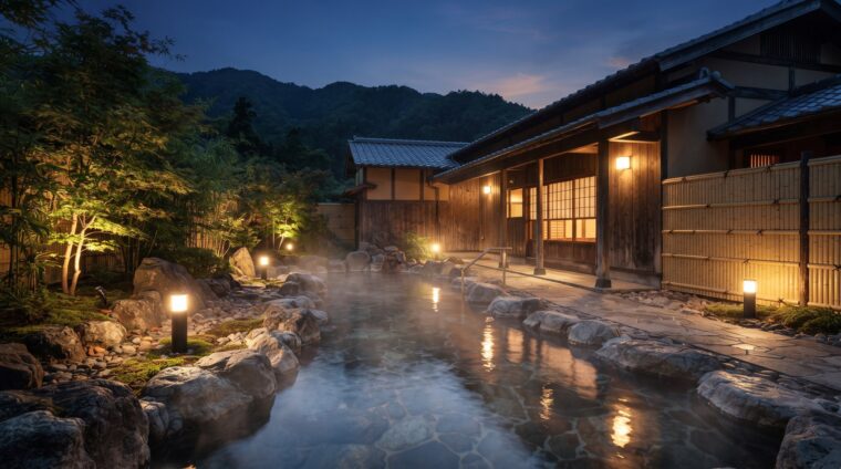 温泉旅館の電気設備イメージ・露天風呂（AI生成イメージ）