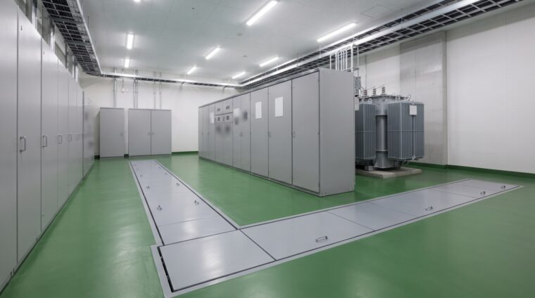 物流センターの電気設備イメージ・特高受変電室（AI生成イメージ）