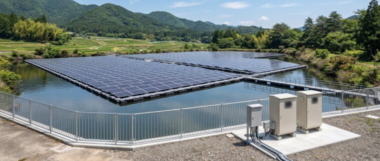 ため池の電気設備イメージ・水上太陽光発電所（AI生成イメージ）
