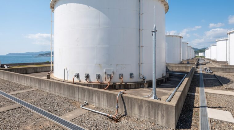 石油備蓄基地の電気設備イメージ・屋外タンク（AI生成イメージ）