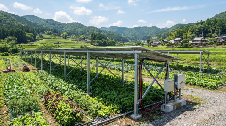 営農型太陽光発電所の電気設備イメージ・農地（AI生成イメージ）
