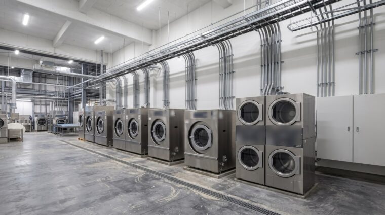クリーニング工場の電気設備イメージ・洗浄ライン（AI生成イメージ）