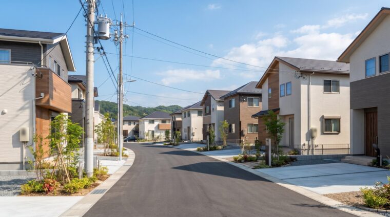 住宅団地の電気設備イメージ・区画道路の引込線（AI生成イメージ）