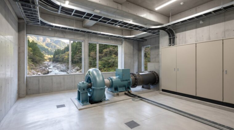 小水力発電所の電気設備イメージ・発電機室（AI生成イメージ）