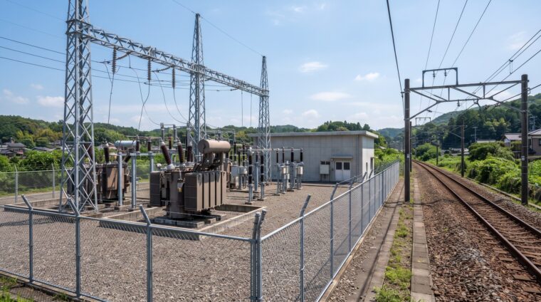 鉄道変電所の電気設備イメージ・屋外変電設備（AI生成イメージ）
