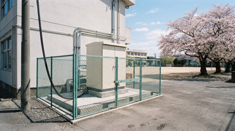 小学校の電気設備イメージ・校舎裏のキュービクル（AI生成イメージ）