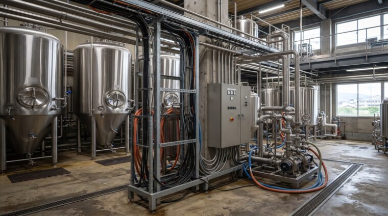 ビール工場の電気設備イメージ・醸造タンクエリア（AI生成イメージ）