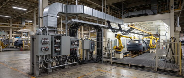 自動車工場の電気設備イメージ・塗装ライン（AI生成イメージ）