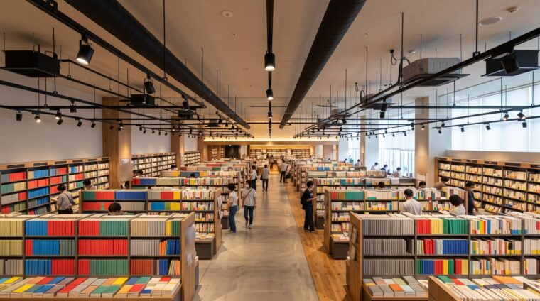 大型書店の電気設備イメージ・売場（AI生成イメージ）