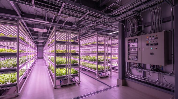 植物工場の電気設備イメージ・栽培棚（AI生成イメージ）