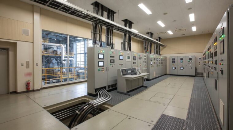 バイオマス発電所の電気設備イメージ・ボイラー制御盤室（AI生成イメージ）