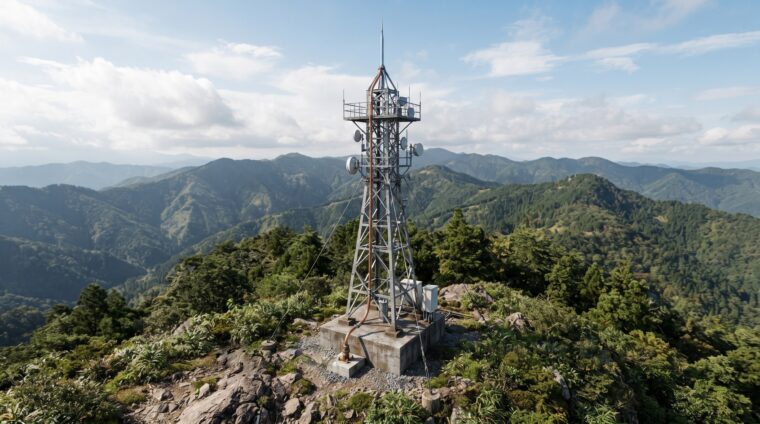 電波塔の電気設備イメージ・山頂の避雷針と接地（AI生成イメージ）